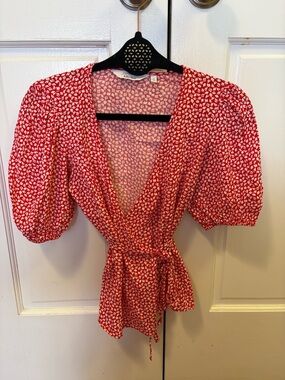 & Other Stories Red Floral Wrap Blouse with Puff Sleeves